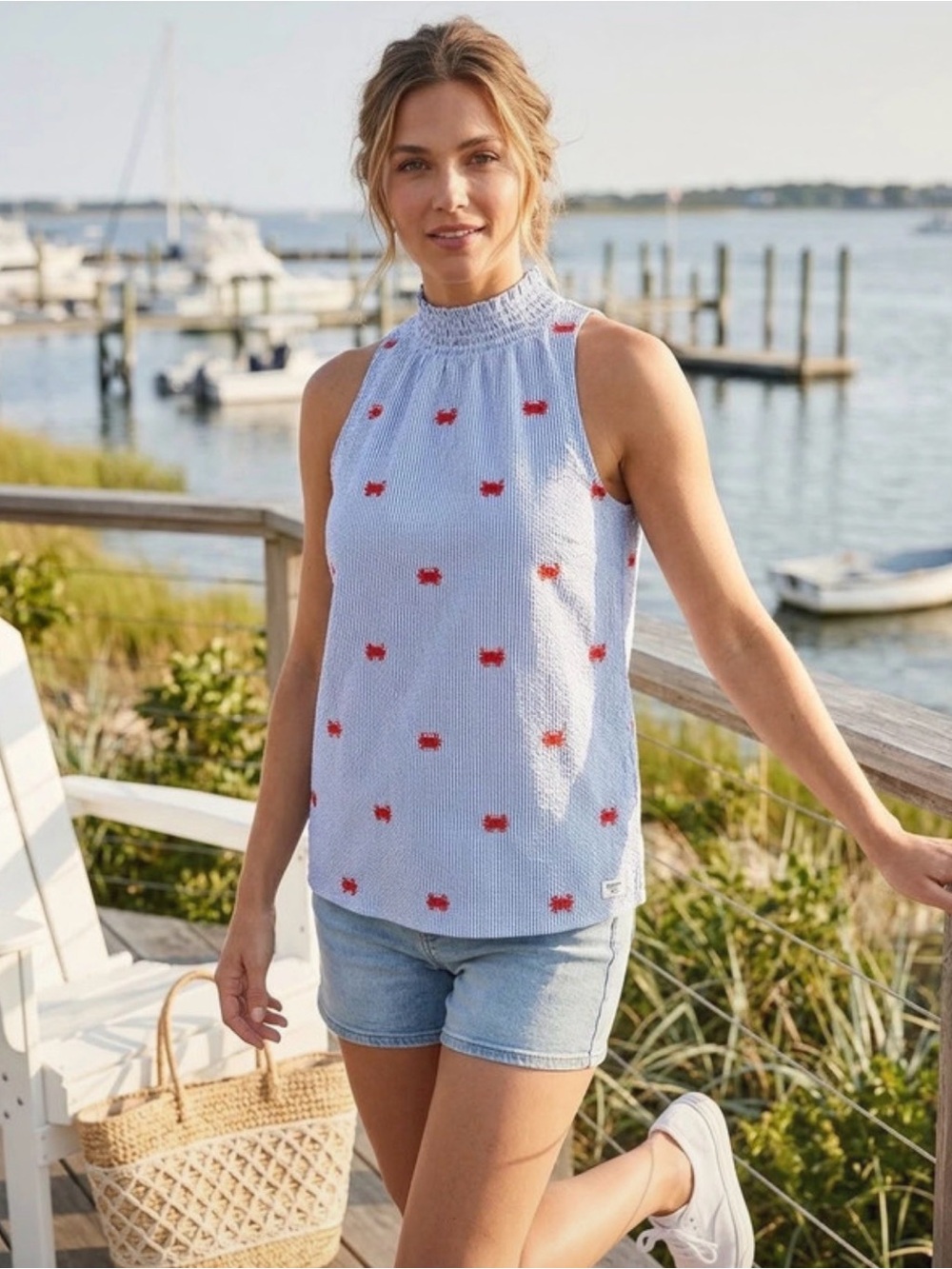 Crown & Ivy embroidered crab blue-and-white seersucker sleeveless halter top
